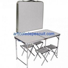 Masa camping, inaltime reglabila, 120 x 60 cm, pliabila, portabila, cu 4 scaune