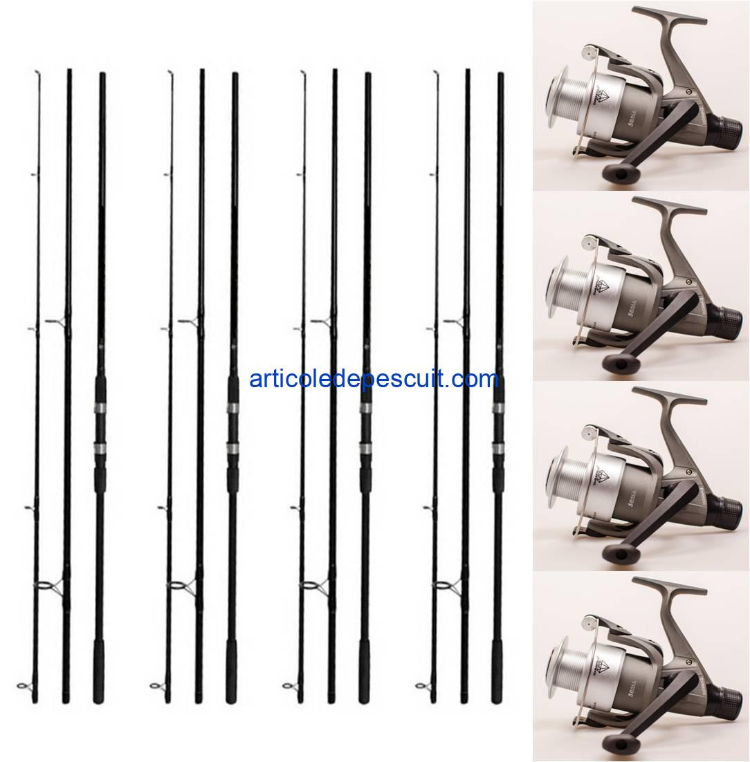 Set 4 Lansete pentru Crap si Somn, lungime 3.60 m + 4 mulinete EHR 6000, cu 5 rulmenti – produse noi