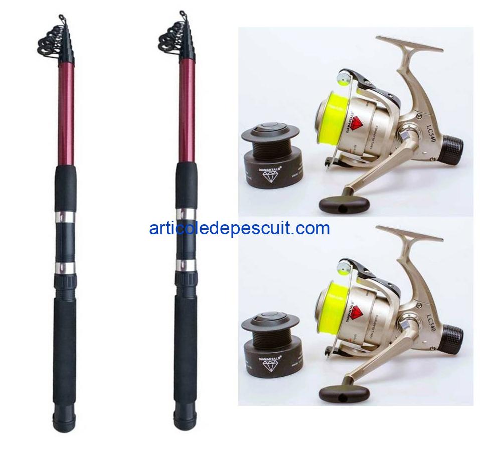 Set 2 lansete telescopice de 3,60 m + 2 mulinete, cu 5 rulm. si 150 m fir pe tambur – produse noi