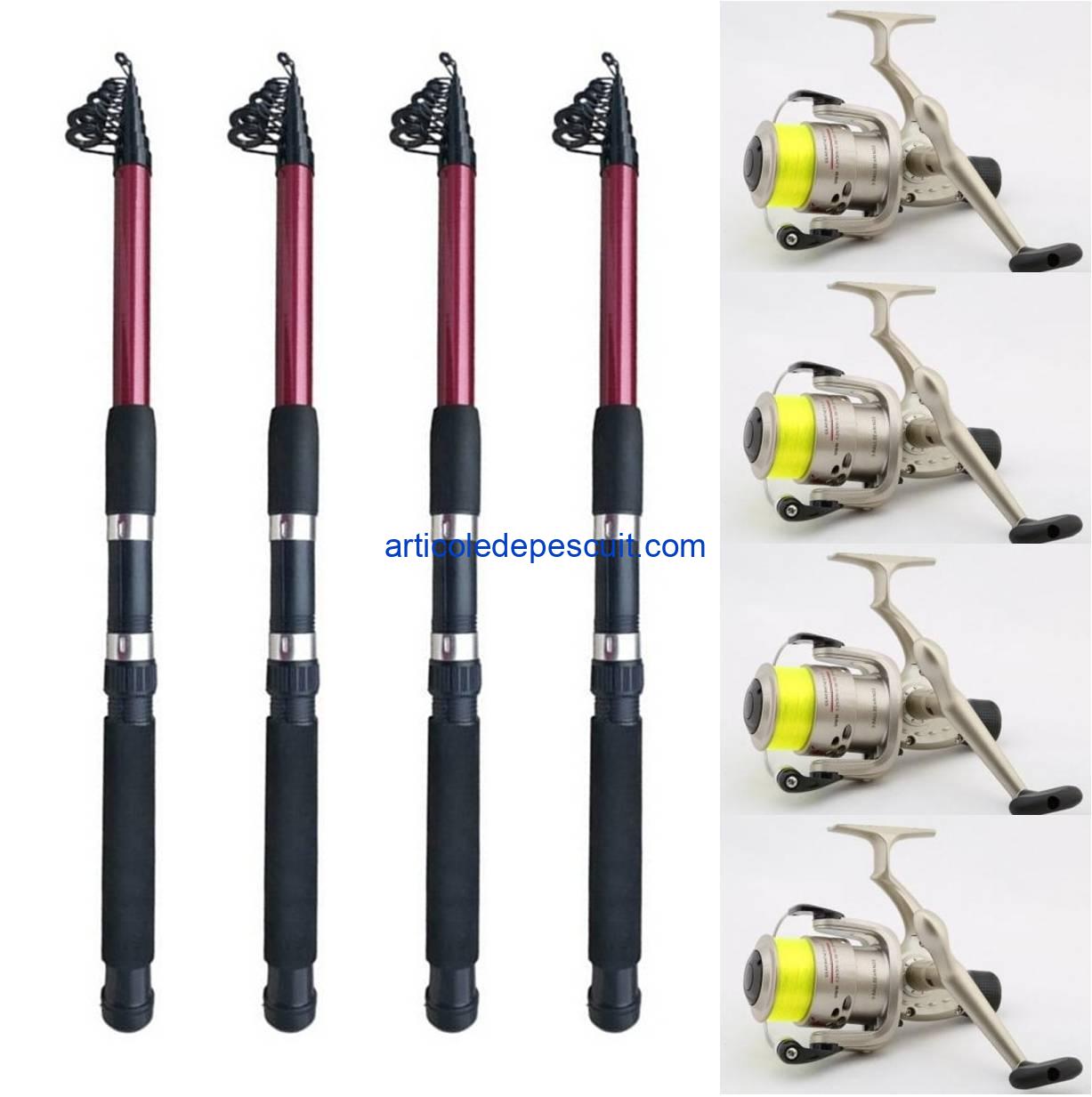 Set 4 lansete telescopice de 3,60 m + 4 mulinete, cu 5 rulm. si 150 m fir pe tambur – produse noi