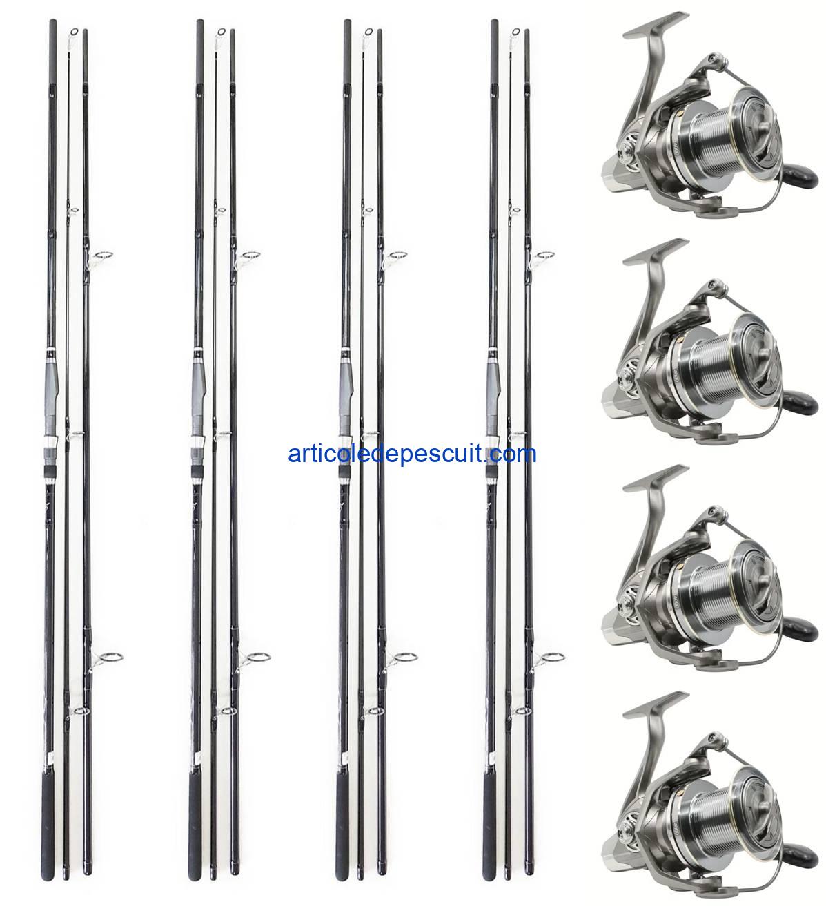 Set 4 lansete Carbon 100%, 3.60 m + 4 mulinete NGK 10.000, cu 10 rulmenti – transport gratuit