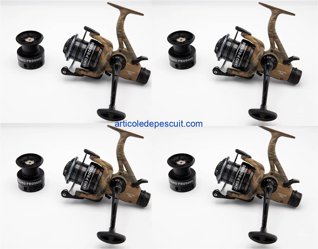 Set 4 mulinete Crap si Somn, SIRENA CAMO PRO 5000, cu 10 rulmenti, tambur aluminiu, BaitRunner – produse noi